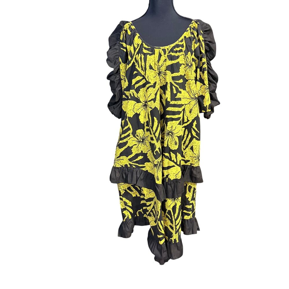 Vintage Royal creations Hawaii black yellow gold Hawaiian dress ruched sleeves L